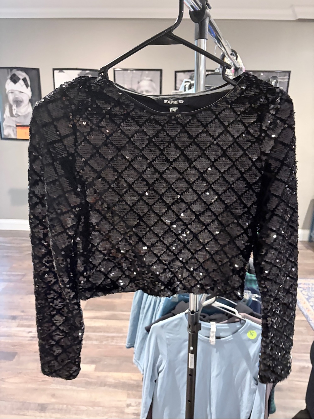 Express Black Sequin Long-Sleeve Crop Top